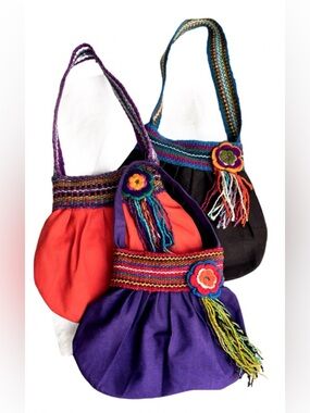 Set of 3 BOHO Peruvian Bags - Alpaca Wool/Cotton In Black, Plum & Tangerine